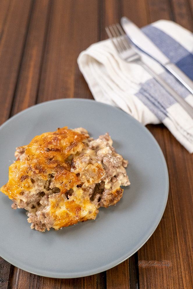 A hot plate of Bacon Cheeseburger tater tot casserole straight out of the oven