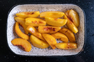 Peaches in Ceramic Pan for dump cake