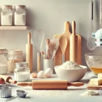 A modern kitchen countertop filled with baking tools and ingredients, including a mixer, rolling pin, whisk, and bowls of flour and eggs, all set against a soft, light background.