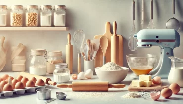 A modern kitchen countertop filled with baking tools and ingredients, including a mixer, rolling pin, whisk, and bowls of flour and eggs, all set against a soft, light background.