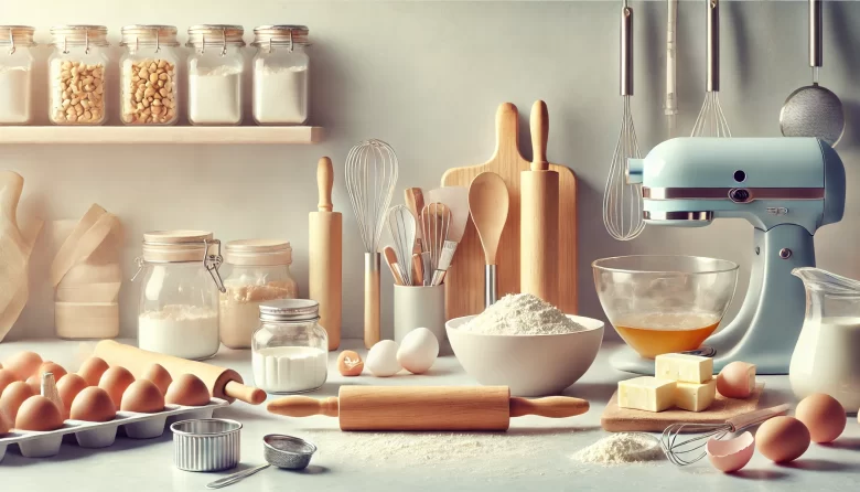 A modern kitchen countertop filled with baking tools and ingredients, including a mixer, rolling pin, whisk, and bowls of flour and eggs, all set against a soft, light background.